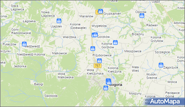 mapa Przyborowice gmina Bogoria, Przyborowice gmina Bogoria na mapie Targeo