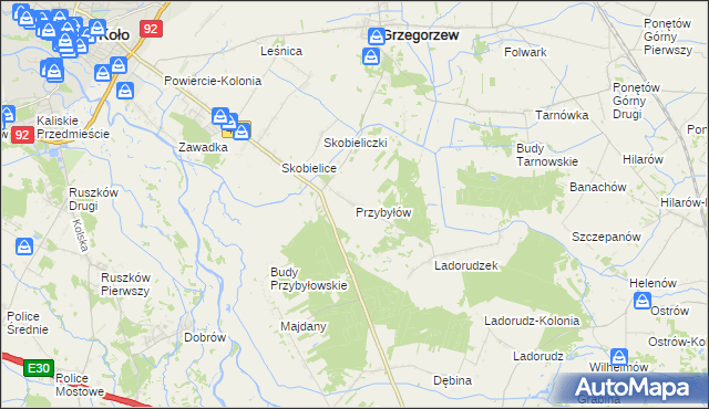 mapa Przybyłów gmina Koło, Przybyłów gmina Koło na mapie Targeo