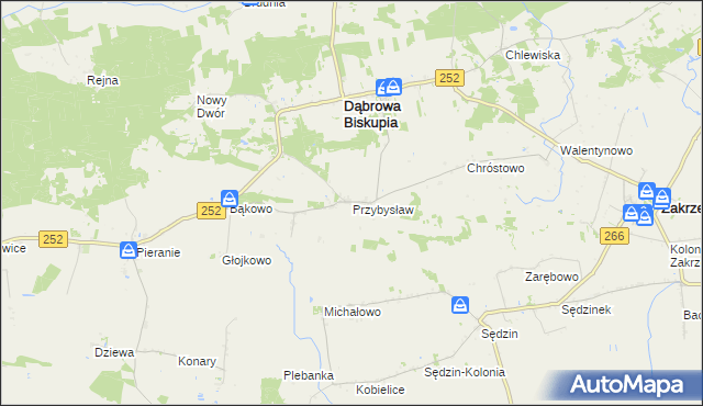 mapa Przybysław gmina Dąbrowa Biskupia, Przybysław gmina Dąbrowa Biskupia na mapie Targeo