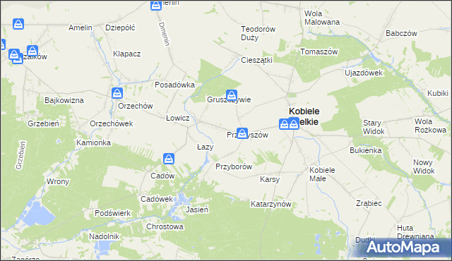 mapa Przybyszów gmina Kobiele Wielkie, Przybyszów gmina Kobiele Wielkie na mapie Targeo