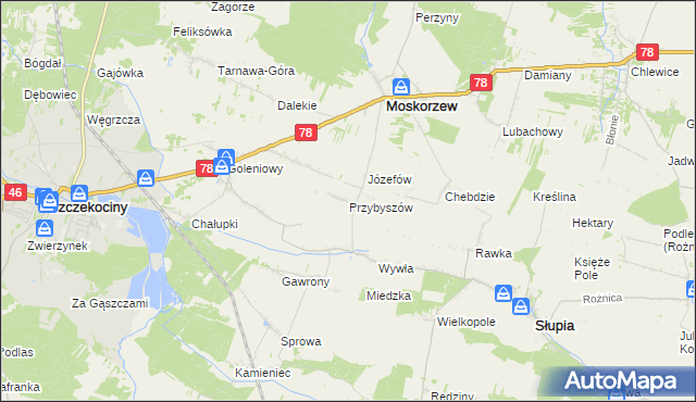 mapa Przybyszów gmina Moskorzew, Przybyszów gmina Moskorzew na mapie Targeo