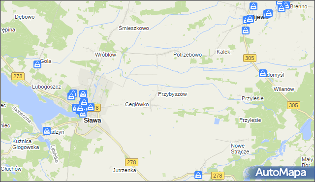 mapa Przybyszów gmina Sława, Przybyszów gmina Sława na mapie Targeo