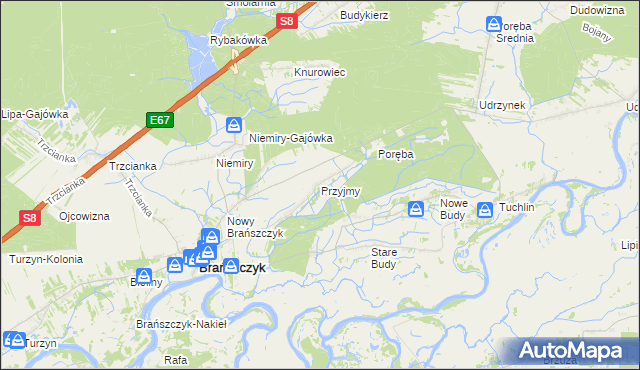 mapa Przyjmy gmina Brańszczyk, Przyjmy gmina Brańszczyk na mapie Targeo