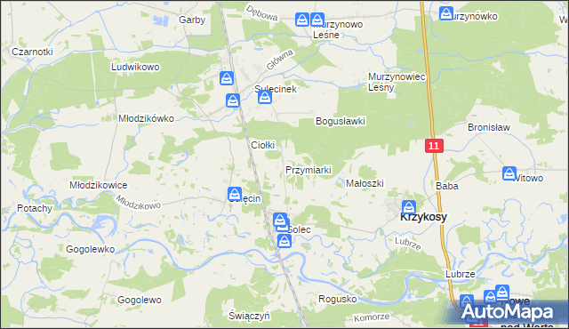 mapa Przymiarki gmina Krzykosy, Przymiarki gmina Krzykosy na mapie Targeo