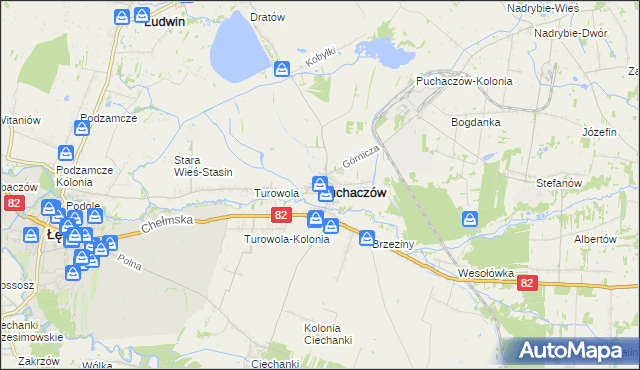 mapa Puchaczów powiat łęczyński, Puchaczów powiat łęczyński na mapie Targeo