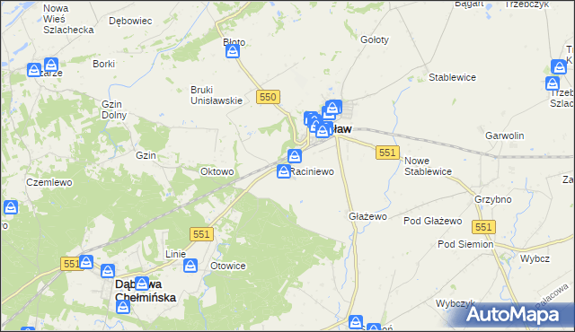 mapa Raciniewo gmina Unisław, Raciniewo gmina Unisław na mapie Targeo