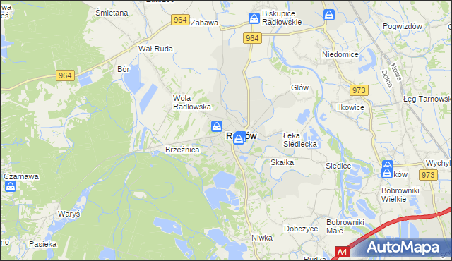 mapa Radłów powiat tarnowski, Radłów powiat tarnowski na mapie Targeo