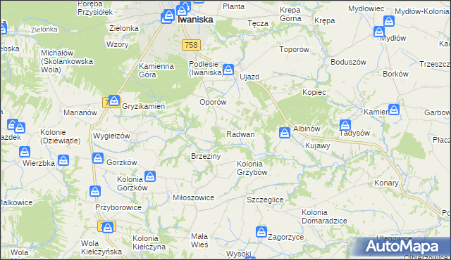 mapa Radwan gmina Iwaniska, Radwan gmina Iwaniska na mapie Targeo