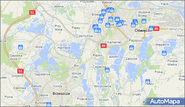 mapa Rajsko gmina Oświęcim, Rajsko gmina Oświęcim na mapie Targeo