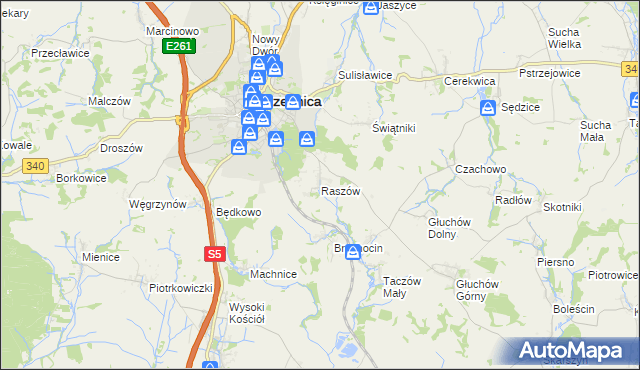 mapa Raszów gmina Trzebnica, Raszów gmina Trzebnica na mapie Targeo