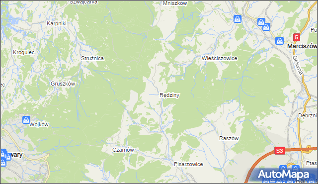mapa Rędziny gmina Kamienna Góra, Rędziny gmina Kamienna Góra na mapie Targeo