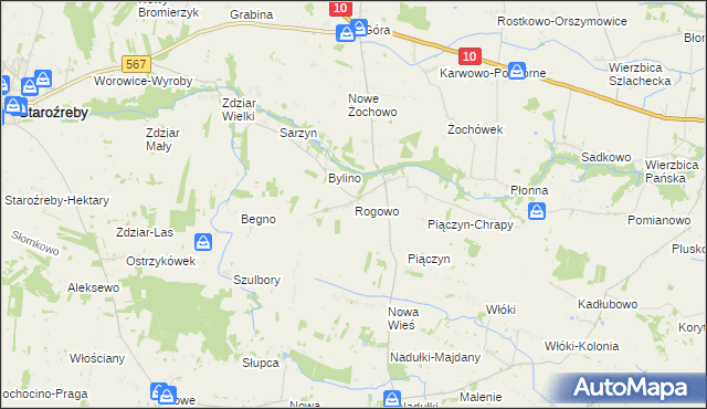 mapa Rogowo gmina Staroźreby, Rogowo gmina Staroźreby na mapie Targeo