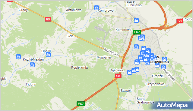 mapa Rogóźnia gmina Ostrów Mazowiecka, Rogóźnia gmina Ostrów Mazowiecka na mapie Targeo