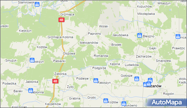 mapa Romanów gmina Wyśmierzyce, Romanów gmina Wyśmierzyce na mapie Targeo