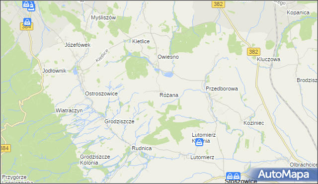 mapa Różana gmina Stoszowice, Różana gmina Stoszowice na mapie Targeo