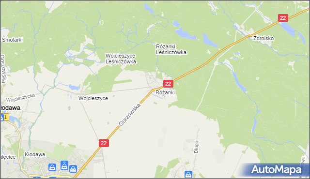 mapa Różanki gmina Kłodawa, Różanki gmina Kłodawa na mapie Targeo