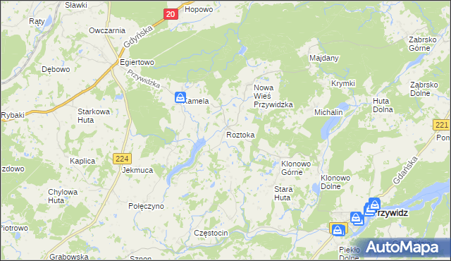 mapa Roztoka gmina Przywidz, Roztoka gmina Przywidz na mapie Targeo