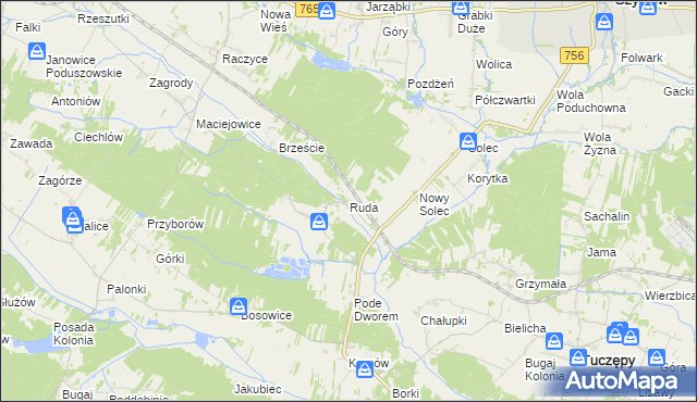 mapa Ruda gmina Gnojno, Ruda gmina Gnojno na mapie Targeo