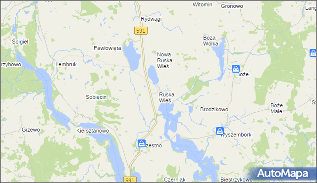 mapa Ruska Wieś gmina Mrągowo, Ruska Wieś gmina Mrągowo na mapie Targeo