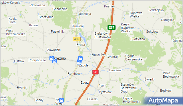 mapa Ruszków gmina Brzeźnio, Ruszków gmina Brzeźnio na mapie Targeo