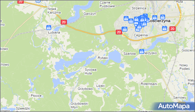 mapa Rybaki gmina Kościerzyna, Rybaki gmina Kościerzyna na mapie Targeo