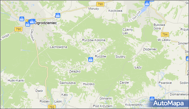 mapa Ryczów gmina Ogrodzieniec, Ryczów gmina Ogrodzieniec na mapie Targeo