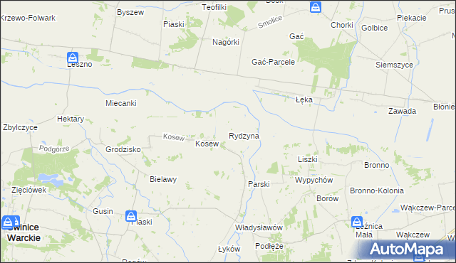 mapa Rydzyna gmina Świnice Warckie, Rydzyna gmina Świnice Warckie na mapie Targeo