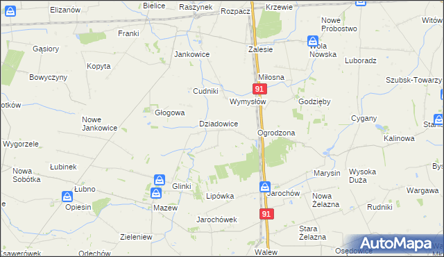 mapa Rzędków gmina Daszyna, Rzędków gmina Daszyna na mapie Targeo