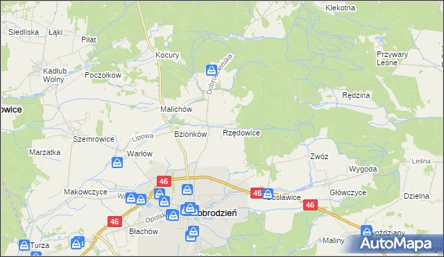 mapa Rzędowice gmina Dobrodzień, Rzędowice gmina Dobrodzień na mapie Targeo