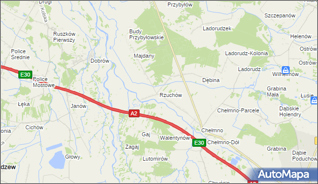 mapa Rzuchów gmina Dąbie, Rzuchów gmina Dąbie na mapie Targeo