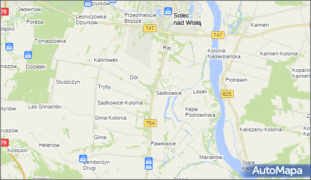 mapa Sadkowice gmina Solec nad Wisłą, Sadkowice gmina Solec nad Wisłą na mapie Targeo