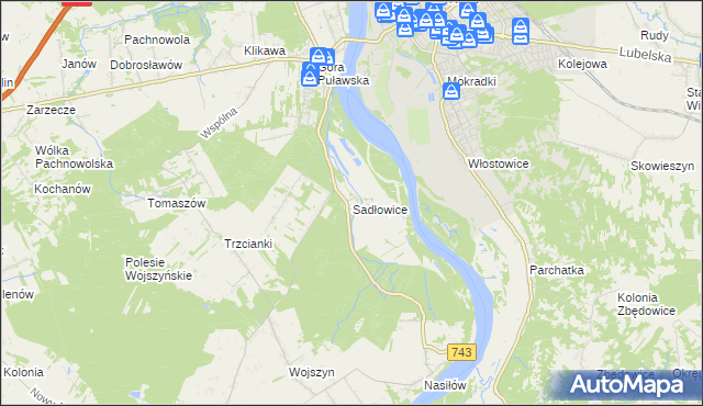 mapa Sadłowice gmina Puławy, Sadłowice gmina Puławy na mapie Targeo