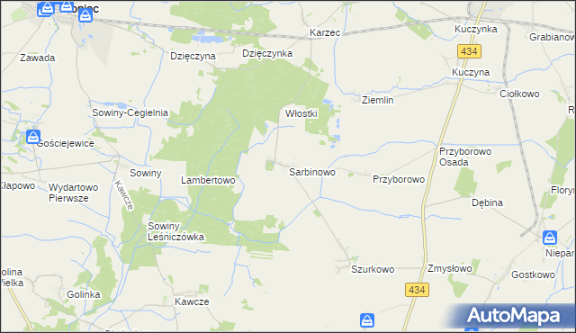 mapa Sarbinowo gmina Poniec, Sarbinowo gmina Poniec na mapie Targeo