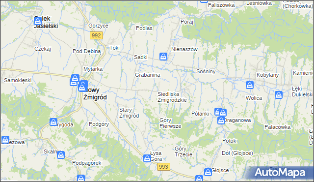 mapa Siedliska Żmigrodzkie, Siedliska Żmigrodzkie na mapie Targeo