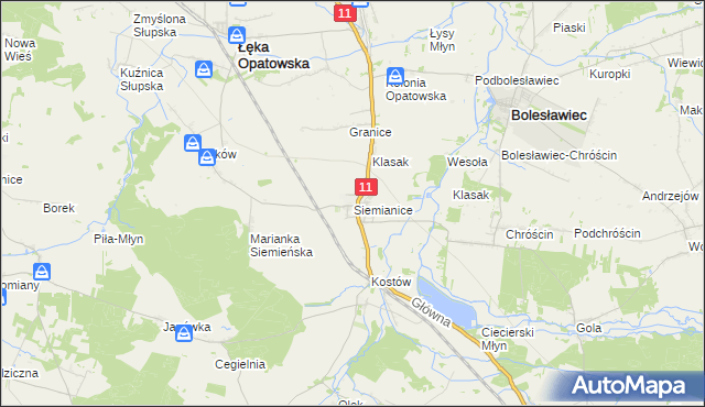 mapa Siemianice gmina Łęka Opatowska, Siemianice gmina Łęka Opatowska na mapie Targeo