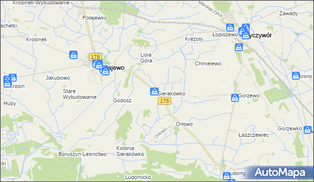 mapa Sierakówko gmina Połajewo, Sierakówko gmina Połajewo na mapie Targeo