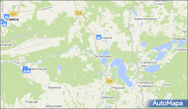 mapa Skrzeszewo gmina Sierakowice, Skrzeszewo gmina Sierakowice na mapie Targeo