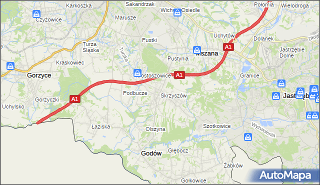 mapa Skrzyszów gmina Godów, Skrzyszów gmina Godów na mapie Targeo