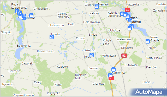 mapa Sławęcin gmina Lubień Kujawski, Sławęcin gmina Lubień Kujawski na mapie Targeo