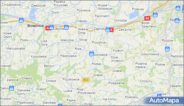 mapa Sosnowice gmina Brzeźnica, Sosnowice gmina Brzeźnica na mapie Targeo