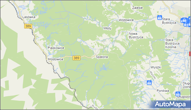 mapa Spalona gmina Bystrzyca Kłodzka, Spalona gmina Bystrzyca Kłodzka na mapie Targeo