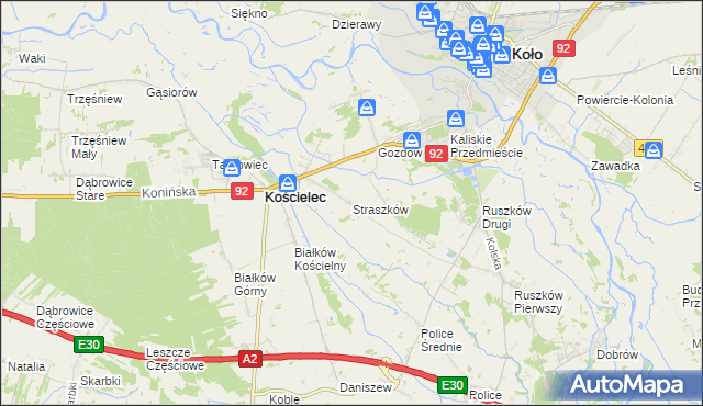 mapa Straszków gmina Kościelec, Straszków gmina Kościelec na mapie Targeo