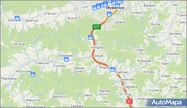 mapa Stróża gmina Pcim, Stróża gmina Pcim na mapie Targeo