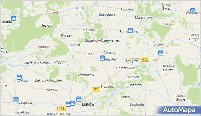 mapa Strzałków gmina Lisków, Strzałków gmina Lisków na mapie Targeo