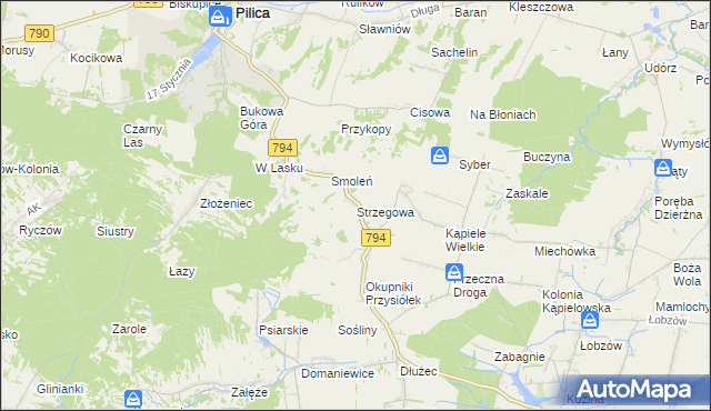 mapa Strzegowa gmina Wolbrom, Strzegowa gmina Wolbrom na mapie Targeo