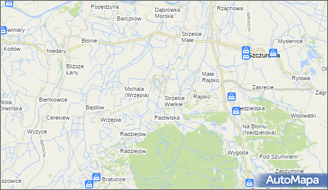 mapa Strzelce Wielkie gmina Szczurowa, Strzelce Wielkie gmina Szczurowa na mapie Targeo