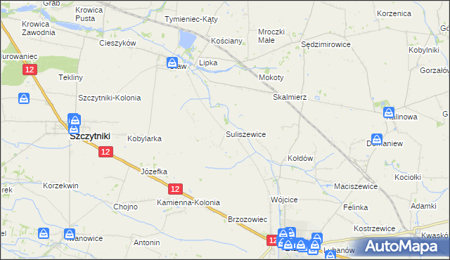 mapa Suliszewice gmina Błaszki, Suliszewice gmina Błaszki na mapie Targeo