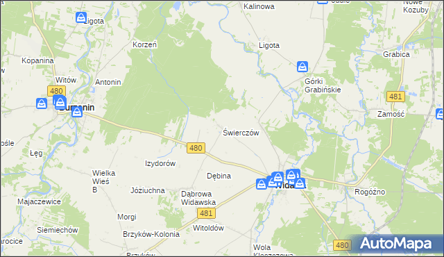 mapa Świerczów gmina Widawa, Świerczów gmina Widawa na mapie Targeo