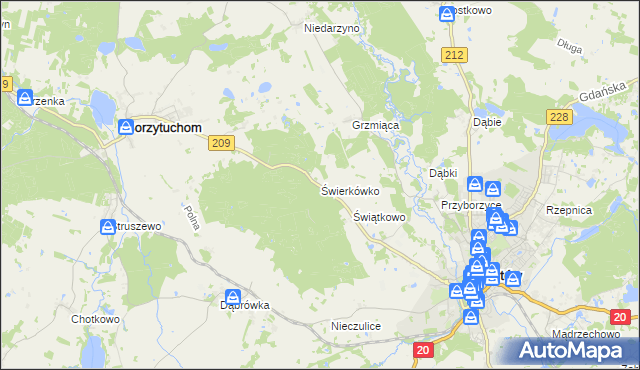 mapa Świerkówko gmina Bytów, Świerkówko gmina Bytów na mapie Targeo