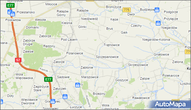 mapa Szczepanowice gmina Słomniki, Szczepanowice gmina Słomniki na mapie Targeo